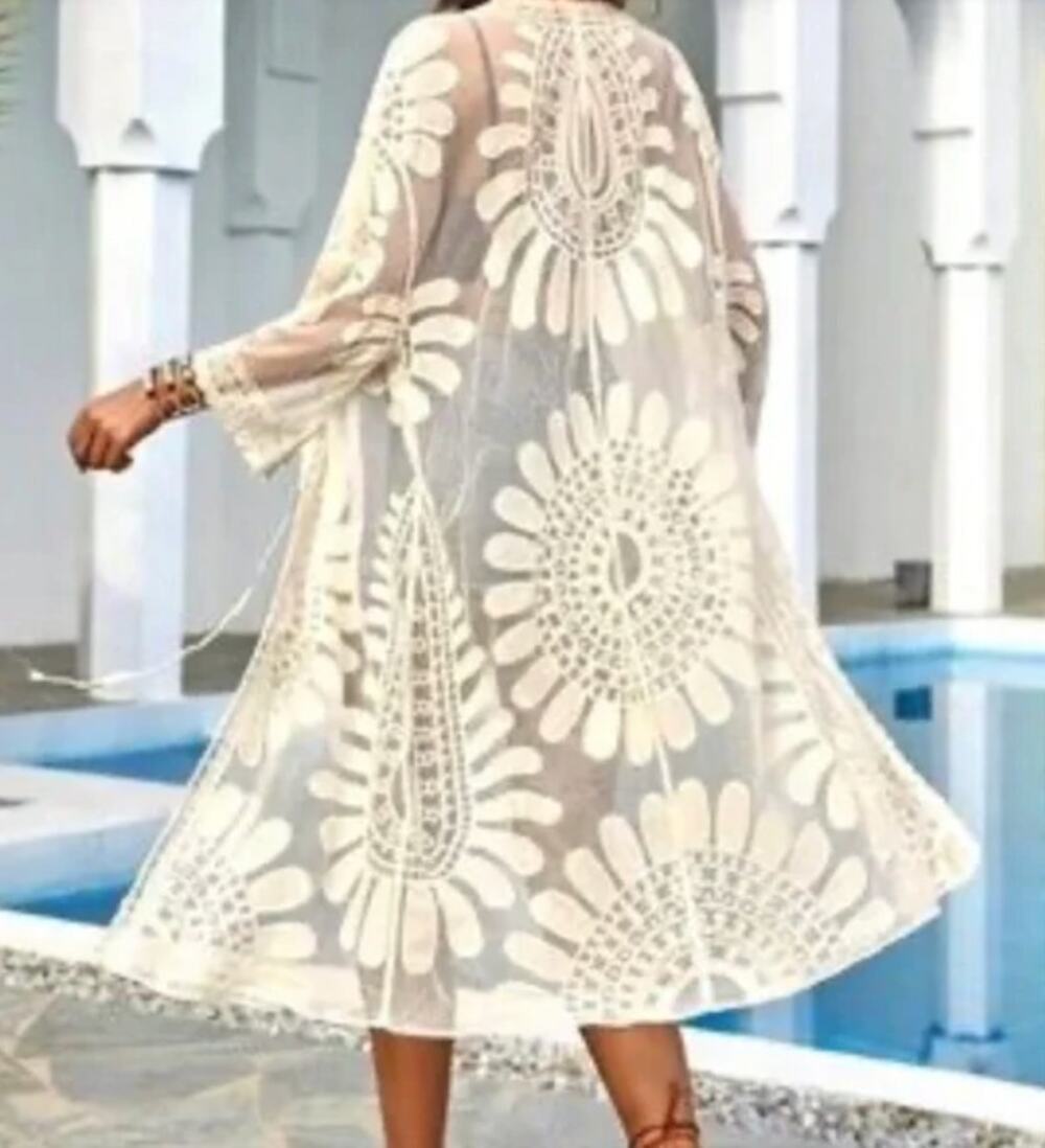 Ivory Boho Lace Mesh Duster Kimono Coverup Cardigan Robe Women's Small S